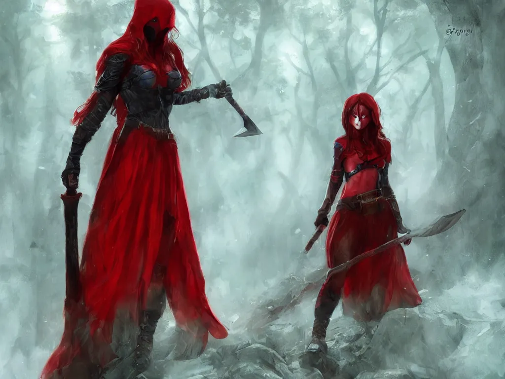 Prompt: a lonely girl in a red hood with a two - handed axe in a deep mystical forest. award winning. dramatic. trending on artstation. style by jim burns. high quality