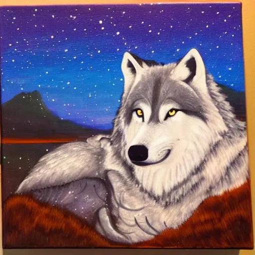 Prompt: wolf okami!!!!!!! resting under a sky full of stars, by a deep!! river, calm, acrylic on canvas