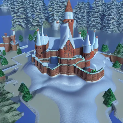 Prompt: 3D Mario 64 castle aerial view, 4k, a little snow