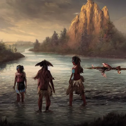 Prompt: a unique native tribal family standing on the banks of a river fantasy concept art detailed high resolution