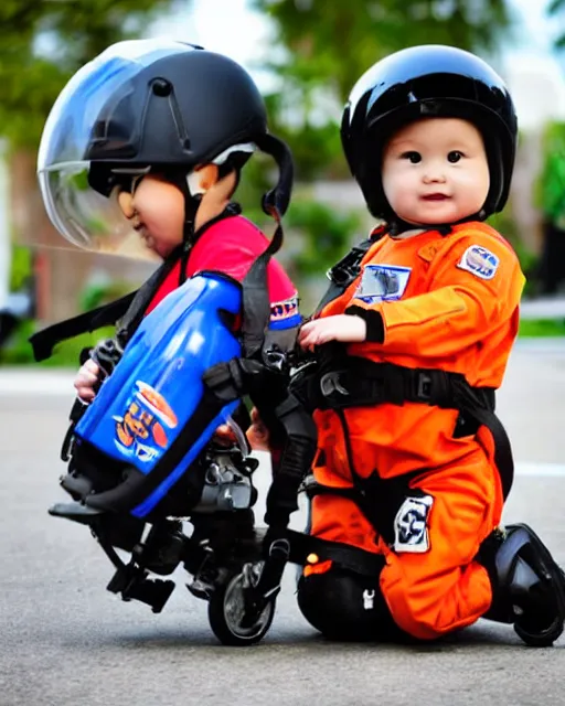 Image similar to cute toddlers wearing flight suits and motorcycle helmets, fly to school using their jet packs, hyperreal