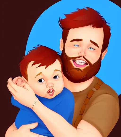 Image similar to a father with short red hair, a short red beard and blue eyes and a slightly chubby face hold his infant son with short brown hair full color digital illustration in the style of don bluth, artgerm, artstation trending, 4 k