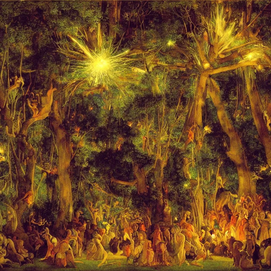 Image similar to closeup of a night carnival inside a tree cavity in a magical forest in the middle of a summer storm, with a music scenario with many fireworks and christmas lights, volumetric lightning, instense god rays in the sky, folklore people disguised with fantastic creatures in a magical forest by summer night, masterpiece painted by pierre puvis de chavannes, very coherent and contrast masterpiece,