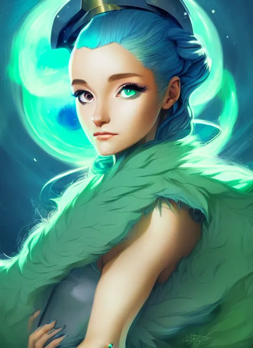 Image similar to style artgerm, joshua middleton, illustration, ariana grande as a high priestess wearing green pelt light armor, anime eyes, blue hair, swirling water cosmos, fantasy, dnd, cinematic lighting