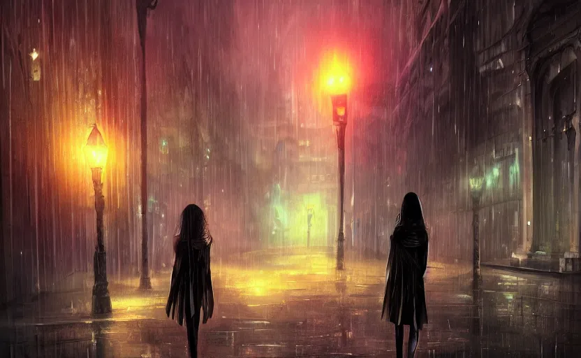 Prompt: A gothic girl is walking through a futuristic city street at night, it is rainig. Fantasy and concept art, colorful digital painting.