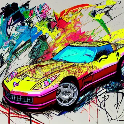 Image similar to pop art corvette car concept art by ralph steadman and bill sienkiewicz and carne griffiths