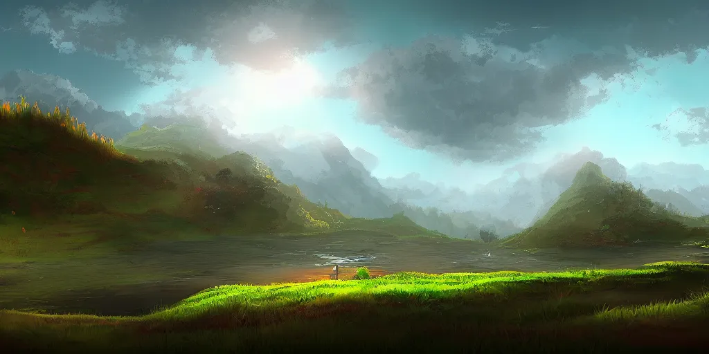 Image similar to professional digital art of lofi landscape, digital art, beautiful composition, trending on artstation and deviantart, masterpiece