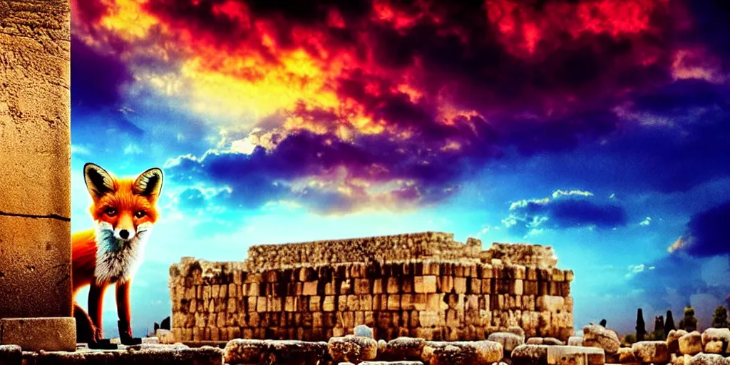 Image similar to a beautiful small fox in the huge ruins of the second temple in jerusalem, dreamy sky, the third temple hovers quietly hiding in the sky above, very colorful painting 8 k trending on art station, intricate superb details, digital art, very very very realistic, cinematic lighting, volumetric lighting, photographic, blur bokeh defocus dof sky.