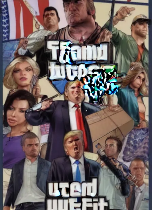 Image similar to gta 5 game poster showing donald trump with cardboard box outside mar - a - lago, wide shot,