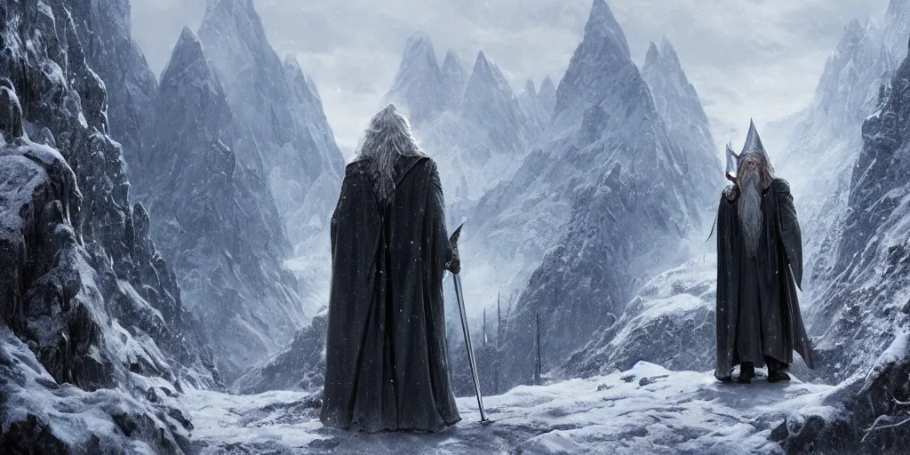 Prompt: a powerful wizard, gandalf in lord of the rings, casting a spell on a snowy mountain top, greg rutkowski, 8 k, shallow depth of field, intricate detail, concept art,