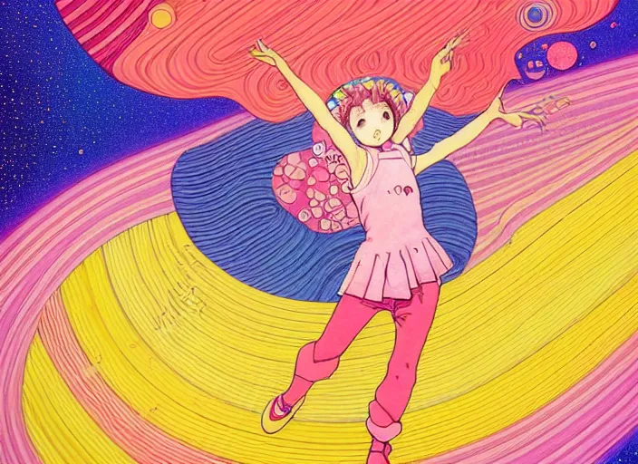 Prompt: portrait of a young girl dancing in space,Hiroyuki Imaishi,Studio Trigger,jean giraud,gustav klimt, kawaii, manga, bright colors,beautiful, 28mm lens, vibrant high contrast,gradation, jean giraud, moebius, fantasy, rule of thirds fibonacci, intricate, matte print, smooth, Ilya Kuvshinov