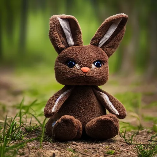 Prompt: a photo of a little brown bunny muppet plush wearing a cool ninja outfit and posed out in nature, photorealistic, photography, ambient occlusion, god rays, rtx, national geographic