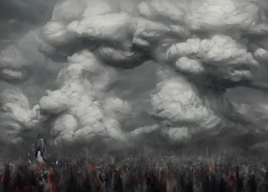 Prompt: large abstract painting of giant Joe Biden grinning evil emperor of the world made out of clouds emerging in dark clouds, cosmic horror, evil, dangerous, trending on ArtStation, masterpiece, by Greg Rutkowski, by Ross Tran, by Fenghua Zhong, octane, lightbeam eyes, soft render, clear facial features, oil on canvas, immense crowd of people, moody lighting, cinematic, professional environment concept art