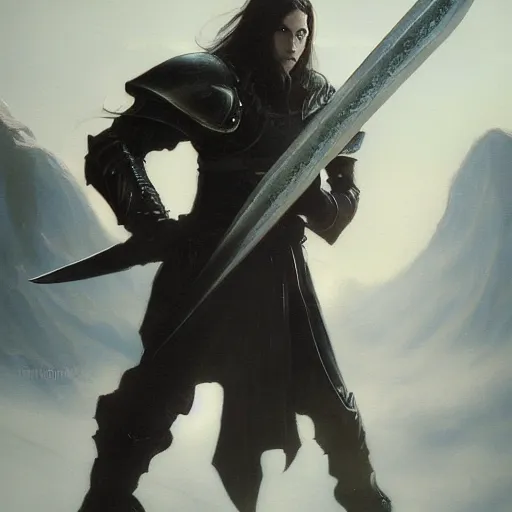 Image similar to fantasy painting of Elric wielding a plain black sword, painted by Bayard Wu, ultra detailed, 8k