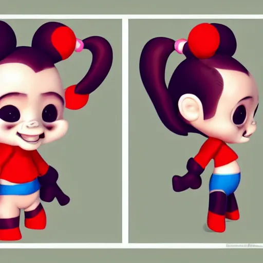 Image similar to baby harley quinn with pigtail in hair like pebbles flintstones full body, big head, large smile, pixar style, happy, chill out, rending, trending on artstation