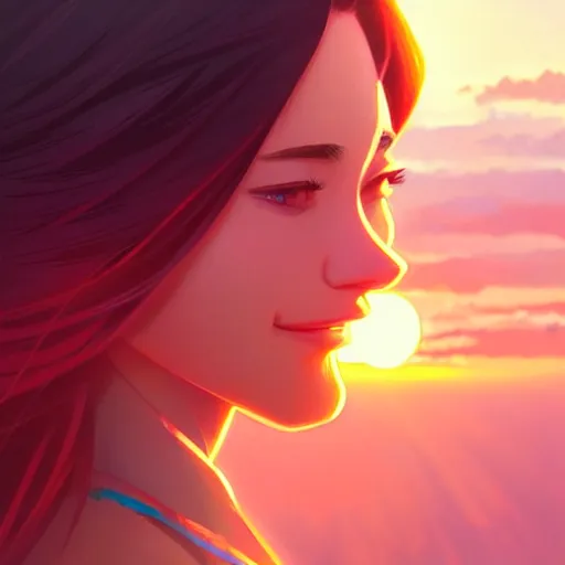 Image similar to Emmy Rossum, sunset, intricate, highly detailed, digital painting, artstation, official media, anime key visual, concept art, rich vivid colors, ambient lighting, sharp focus, illustration, art by Artgerm, Makoto Shinkai, Ilya Kuvshinov, Lois Van Baarle, and Rossdraws