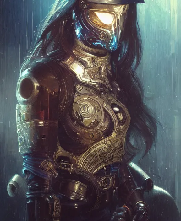 Image similar to portrait of a cyberpunk masked warrior, half body, glowin eyes, d & d, fantasy, intricate, elegant, highly detailed, digital painting, artstation, concept art, art by artgerm and greg rutkowski and alphonse mucha