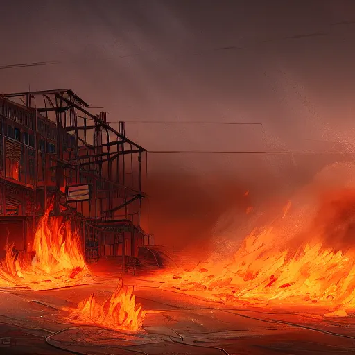 Image similar to a burning factory in the middle of a sandy desert. artstation. high-quality.