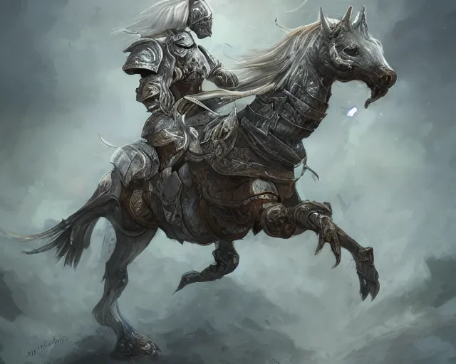 Image similar to A faded ghost warrior riding a giant ghost horse with armour, fantasy art, in the style of Frank Neidhardt, illustration, epic art, fantasy, intricate, elgant, amazing detail, digital painting, artstation, concept art, smooth, sharp focus