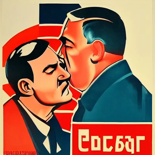 Prompt: a Soviet propaganda poster of Hitler kissing stalin