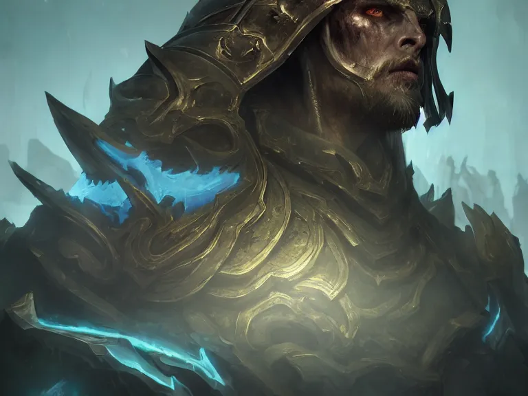 Image similar to a hollow immortal revenant emperor in his throne room, decaying, dirty, rule of thirds, light blue and brown gradient, photorealistic facial features, league of legends splash art, by chengwei pan, huang guangjian, viktoria gavrilenko, artgerm, greg rutkowski, 8 k, octane, digital painting, artstation