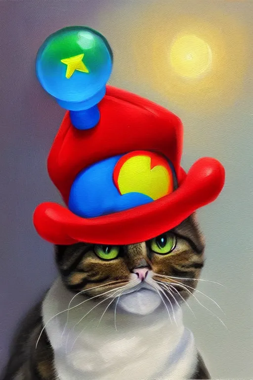 Image similar to A beautiful oil painting of a Cat wearing a Super Mario Hat, intricate, volumetric lighting, summer, hyperrealistic, colorful, hyperdetailed.