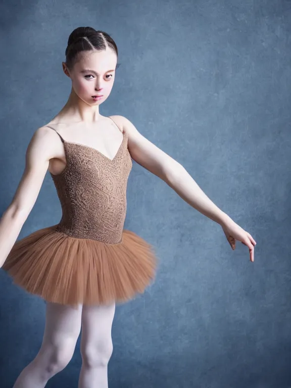 Image similar to hyperdetailed photo of a beautiful ballerina girl with brown eyes and dark bob hairstyle, winds of winter, in a tight dress, cinematic lighting, studio quality