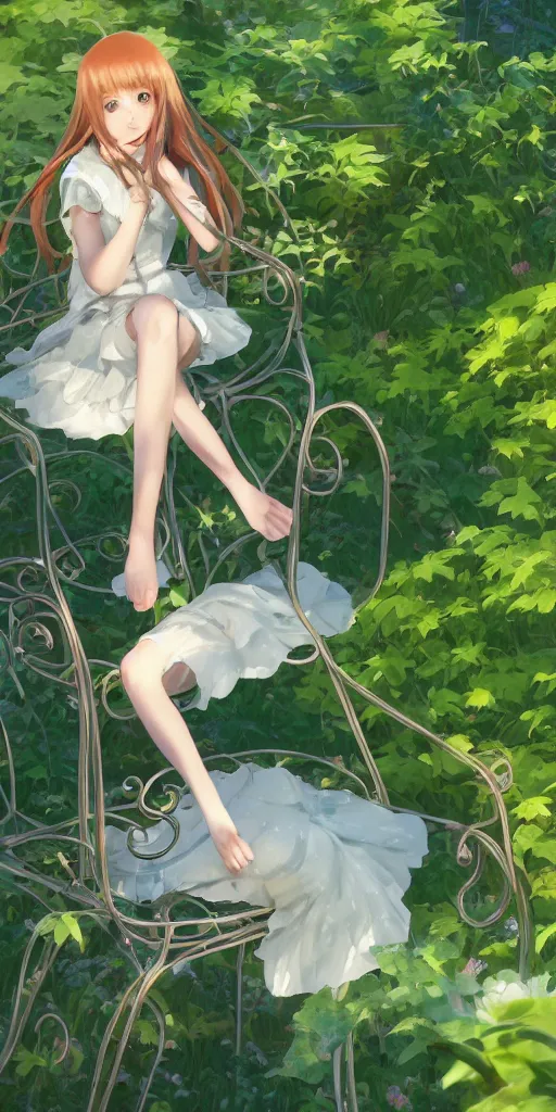 Prompt: a digital art of a loli with long hair in a dress sitting on a metal garden chair in the privet garden at afternoon, green and warm theme, back lighting, by akihito yoshida and greg rutkowski and makoto shinkai, extremely long shot, detailed eyes, 4 k resolution, trending on art station