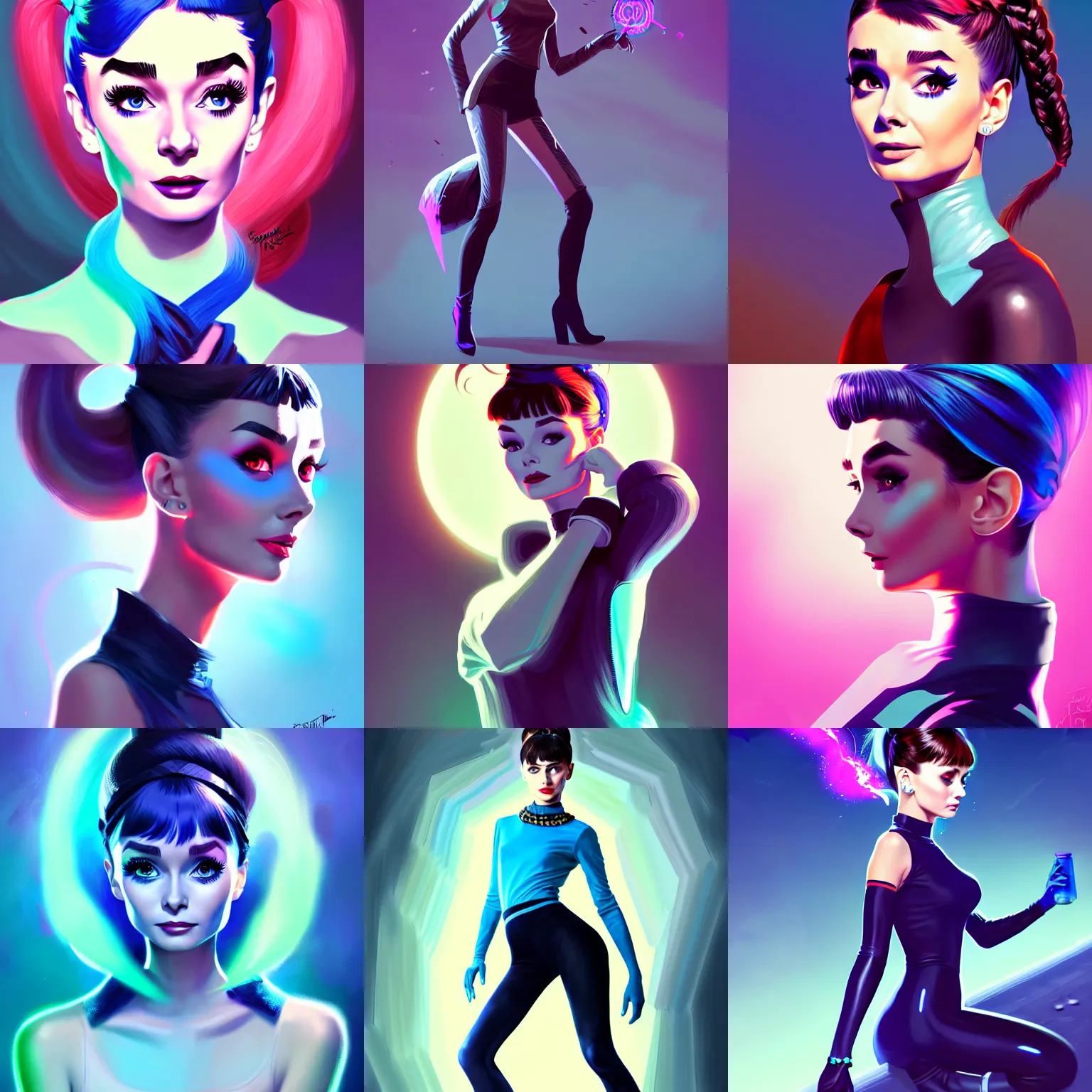 Prompt: portrait attractive girl with face audrey hepburn, hair blue two long braids, insane laughting, evil eyes, particles explosion, high boots, short bridges with leggins and top, elegant intricate matte sharp focus 8 k, fantasy digital art, league of legends, art by greg rutkowsky ilya kuvshinov