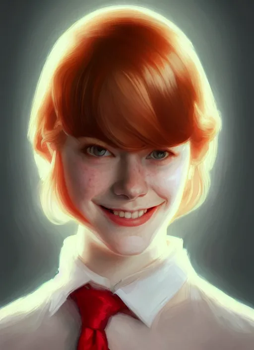 Image similar to portrait of teenage emma stone, long haircut, flowing ginger hair, white shirt, red tie, smiling kindly, 1 9 8 0 s, intricate, elegant, glowing lights, highly detailed, digital painting, artstation, concept art, smooth, sharp focus, illustration, art by wlop, mars ravelo and greg rutkowski