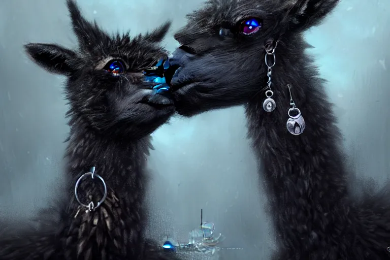 Image similar to highly detailed animal portrait of a goth alpaca with piercings, black eyeshadow, piercings!, earrings!, digital art made by makoto shinkai, lois van baarle, greg rutkowski and jakub rebelka, highly detailed, symmetrical, extremely coherent, smooth, shaped focus, dystopian gray forest background, skull