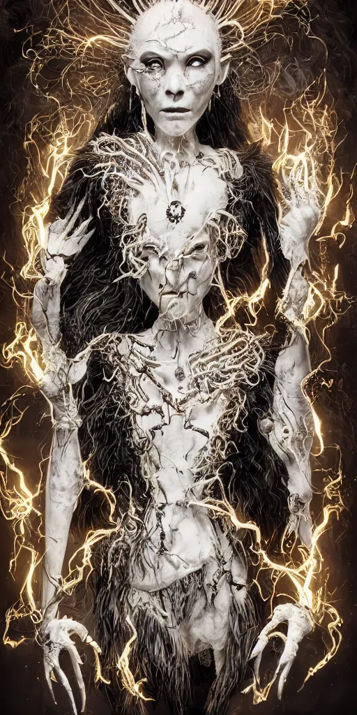 Image similar to full body and head , spiked black hair character design of realistic asian Sumerian Death Goddess ivory skin runic icons + mystical symbols, with small bleached bones covering vest and flowing electricity and smoke , fantasy, intricate, elegant, highly detailed , peter mordenbacher,Mike Winkelmann, ultra realistic, intricate, epic lighting, 8k , unreal engine 5, ultraviolet colors