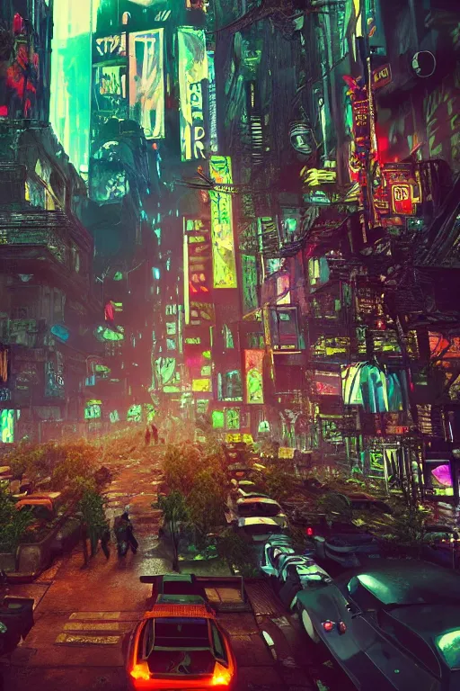 Prompt: cinematic photo of ancient overgrown cyberpunk new york city with cars and people, holograms, night, rain, flowers, beautifully lit, hyperdetailed, unreal engine, photorealistic, denis villeneuve film look, blade runner set