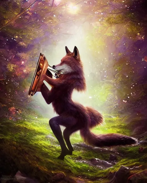 Image similar to Fox playing violin in magical forest, portrait, wearing hat, magical notes, fairy atmosphere, magic the gathering artwork, D&D, fantasy, cinematic lighting, centered, symmetrical, highly detailed, digital painting, artstation, concept art, smooth, sharp focus, illustration, volumetric lighting, epic Composition, 8k, art by Akihiko Yoshida and Greg Rutkowski and Craig Mullins, oil painting, cgsociety