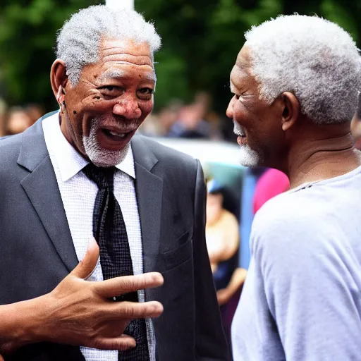 Image similar to morgan freeman meeting morgan freeman, sharp focus