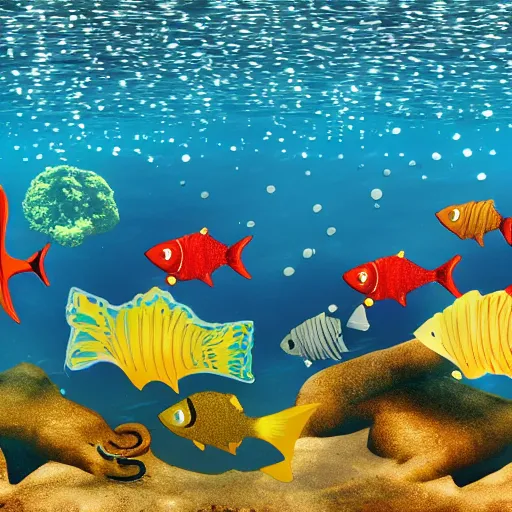 Prompt: meeting of the Fish Party deep under the water