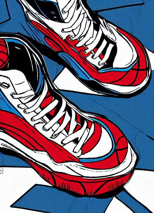 Image similar to basketball sneaker of Captain America, view from the side, comics book cover style