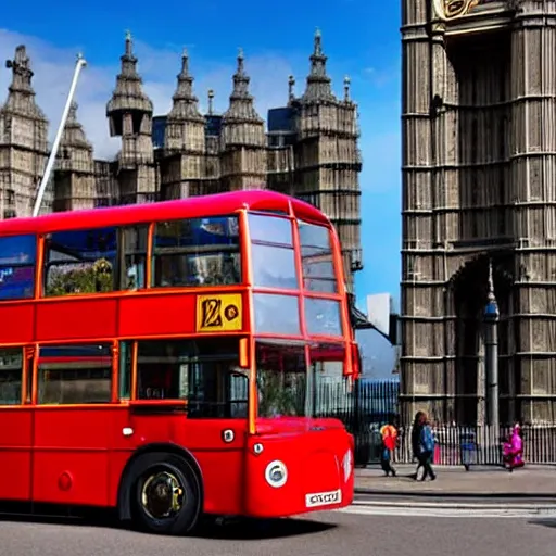 Image similar to a giant statue of a red plunger with a wooden shaft in the center of london. a london bus in the background.