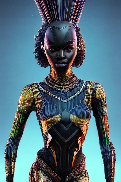 Image similar to full body portrait of the African Android Queen, by DC comics and Sandra Chevrier and beeple, artstation, volumetric lighting, hyperrealism, award winning costume design, fashion show runway, futuristic fine textures, woven with electricity, superpowers, wakanda, 4k UHD, 35mm