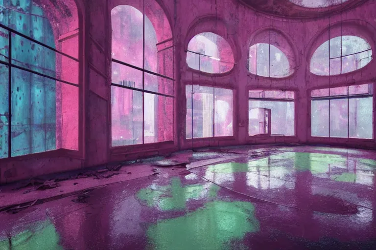 Image similar to abandoned 9 0 s interior with large organic circular windows, rain like a dream, oil painting, volumetric lighting, cyberpunk, basquiat + francis bacon + gustav klimt + beeple, elevated street art, fantasy lut, textural, pink, blue, purple, green,