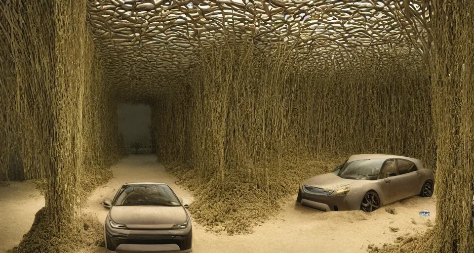 Image similar to IKEA catalogue photo, high end style car interior, sand piled in corners, dust, organic, vines, overgrown, tropical, by Beksiński