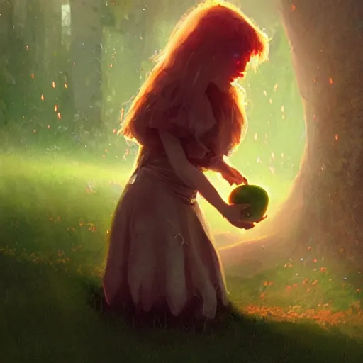 Image similar to a girl accepting an apple from a green skinned witch, by Jordan Grimmer and greg rutkowski, crisp lines and color,