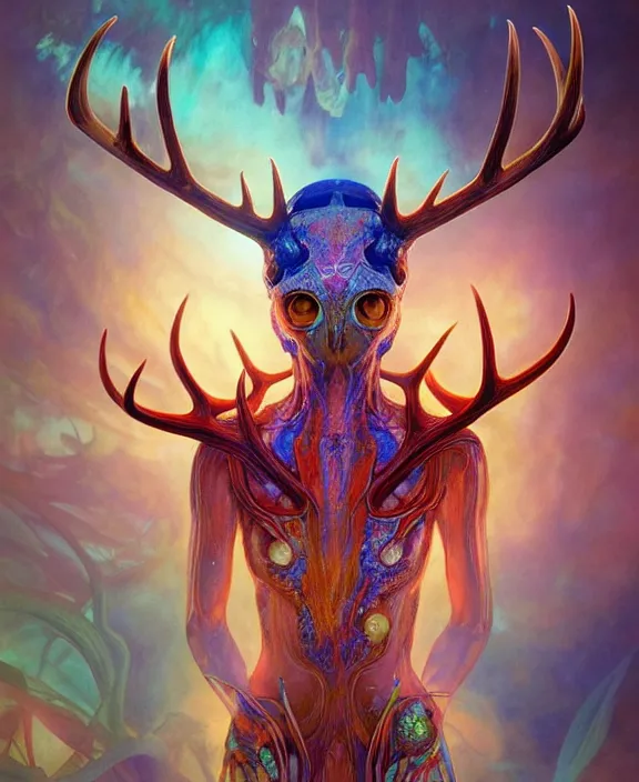 Image similar to intricate colorful transparent portrait of a terrifying beautiful alien sea creature, antlers, mottled coloring, adorable, childlike, anxiety environment, ultra realistic, concept art, art nouveau, photorealistic, octane render, 8 k, unreal engine. art by christopher marley and artgerm and greg rutkowski and alphonse mucha