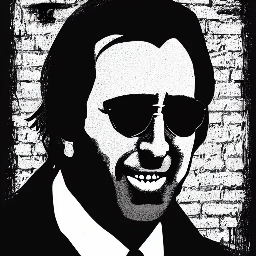 Prompt: a simplified black and white vector based illustration of Nicholas Cage, created in Adobe illustrator, black ink shading on white background, smooth vector curves, vinyl cut ready