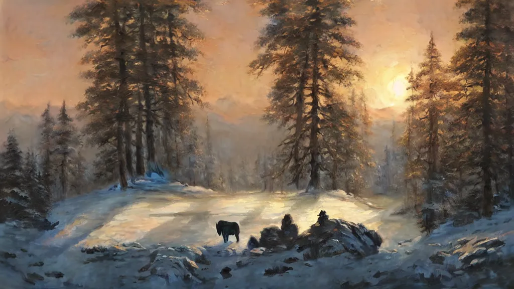 Prompt: the most beautiful panoramic landscape, oil painting, where a giant dreamy lake is frozen, the trees around have snow over their leafs, a majestic bison is exhaling steam and the ray lights of the sunrise are brightening him, by greg rutkowski