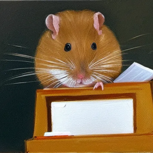 Prompt: a oil painting of a hamster trying to do his tax and is very stressed out