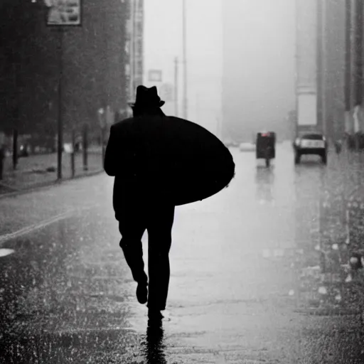 Image similar to a photograph of a man running down the street wearing a hat on a rainy day on expired kodak film, 3 5 mm, award - winning photograph, striking lighting, perfect composition