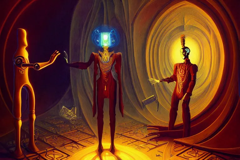 Prompt: a beautiful masterpiece painting of a cybernetic wizard discussing sentience with his AI by Remedios Varo and Anato Finnstark and Greg Rutkowski