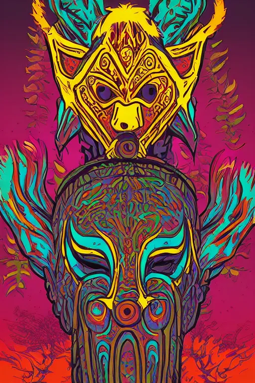 Image similar to animal mask totem roots flower tribal feather gemstone plant wood rock shaman vodoo video game vector cutout illustration vivid multicolor borderlands comics by josan gonzales and dan mumford radiating a glowing aura