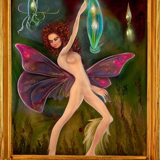 Prompt: dream-like otherworldly painting of a faery magician casting a glamour enchantment of gossamer and ambiguous beauty